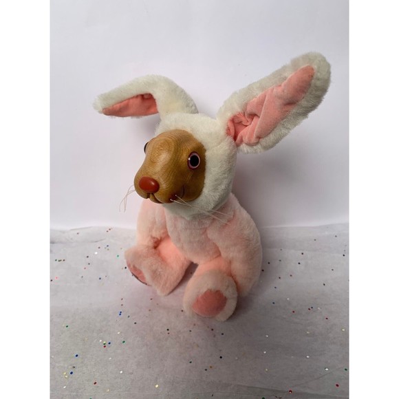 Other - Vintage Applause Bunny Robert Raikes Pink Plush Wood Face Rabbit Posable - 9.5"